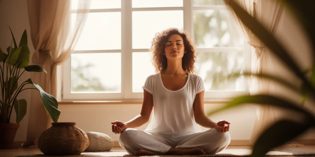 Mulher aplicando técnicas de relaxamento e meditação.